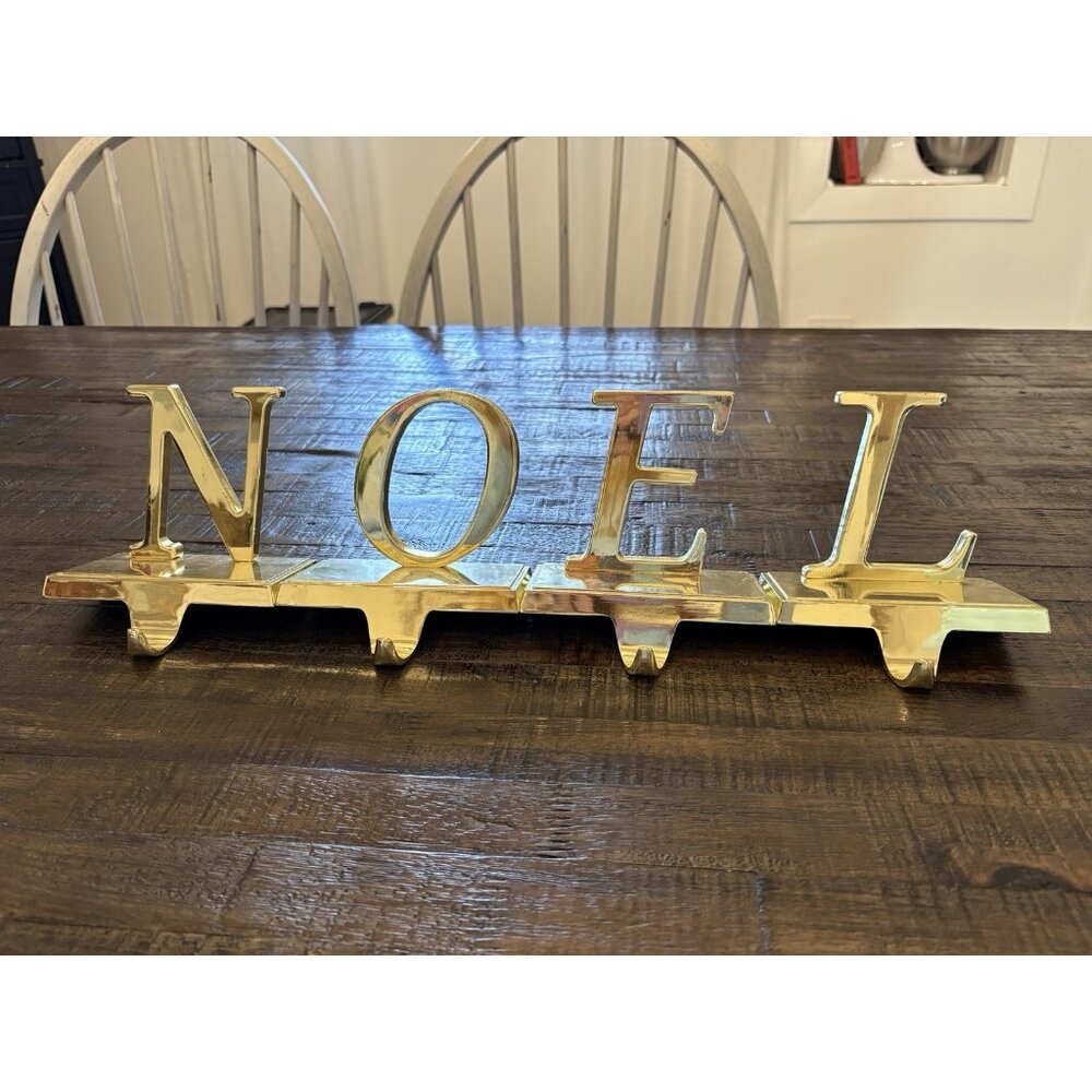 NOEL Christmas Mantel Stocking Holder Hangers Heavy Gold Colored Metal